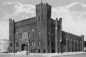 Black and white illustration of the historic Castle Armory in downtown rochester MN